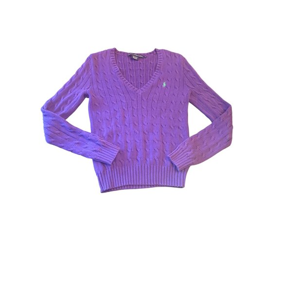 Ralph Lauren Sport  Cable Knit Sweater Purple Cotton V-Neck M Preppy Luxury - Picture 1 of 5